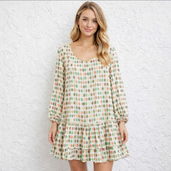 Skemo Dresses & Skirts - 5x25 Skemo dotted mini fringe long sleeve open back ruffle dress size medium